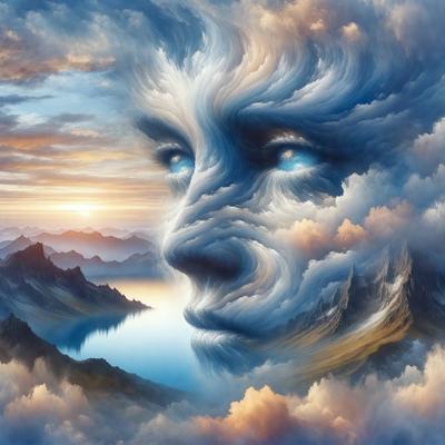 The primary subject of the image is a face, which is the main object, scene, or focus of the image. The face is depicted in a digital art style, with a blue and white color scheme. The setting or background of the image features a mountainous landscape, with a body of water nearby. The overall atmosphere of the image is serene and captivating, with the face seemingly emerging from the clouds.